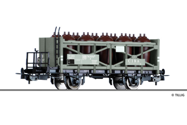 Vůz na přepravu kyseliny v nádobách ,,CIBA AG", SBB, III. epocha, H0, Tillig 76789
