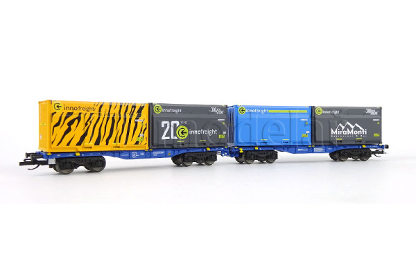 Dvojdílná vozová jednotka InnoWaggon 2x40ft, ložená čtyřmi kontejnery na dřevo, VI. epocha, TT, Tillig 15080