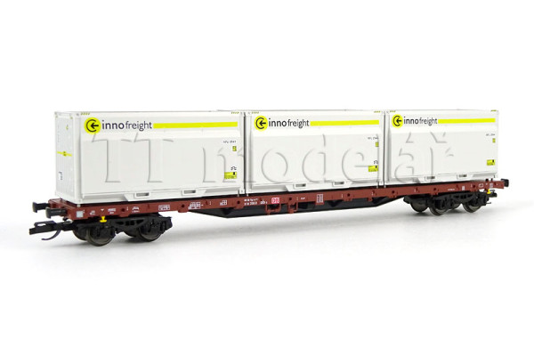 Plošinový vůz, DB AG, ložený Innofreight WoodTainer XXL, V. epocha, TT, Tillig 18137