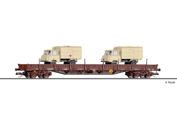 Nízkostěnný vůz řady Res 3936, DR, ložený dvěma auty Robur 1801, IV. epocha, TT, Tillig 18146
