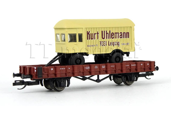 Nízkostěnný vůz s nákladem přívěsu „Kurt Uhlemann“, DR, III. epocha, TT, Tillig TT Club 2023, Tillig 502497
