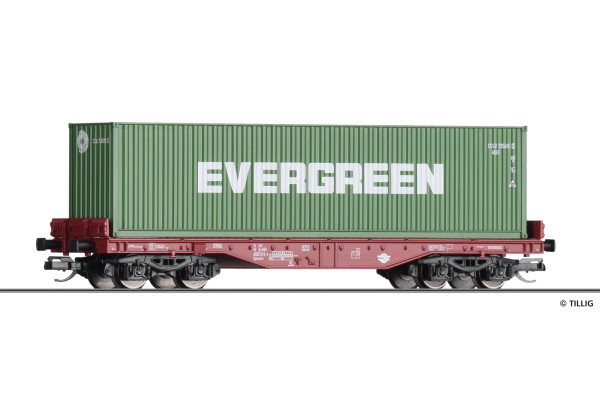 Plošinový vůz Sgmmns s kontejnerem, MÁV, ze setu, VI. epocha, TT, Tillig 502550