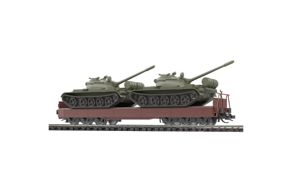 Nízkostěnný 6osý vůz Samm 4818, ložený dvěma tanky T-55A, DR, IV. epocha, TT, Busch 31650