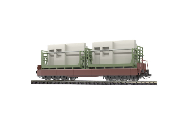 Nízkostěnný 6osý vůz Samm 4818, ložený regály s panely, DR, IV. epocha, TT, Busch 31655