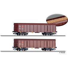 Set dvou otevřených čtyřnápravový vozů Ealos-x 053, DB AG, s nákladem dřevěné štěpky, VI. epocha, TT, Tillig 01107