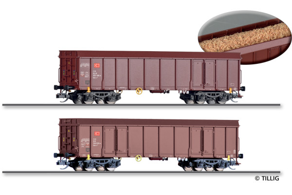 Set dvou otevřených čtyřnápravový vozů Ealos-x 053, DB AG, s nákladem dřevěné štěpky, VI. epocha, TT, Tillig 01107