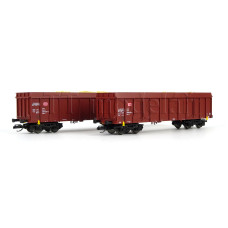 Set dvou otevřených čtyřnápravový vozů Ealos-x 053, DB AG, s nákladem dřevěné štěpky, VI. epocha, TT, Tillig 01107