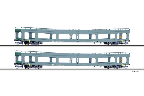 Set dvou vozů DDm pro přepravu automobilů, DR, IV. epocha, TT, Tillig 01135