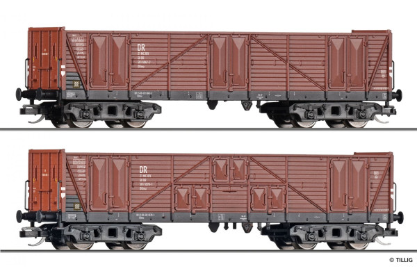 Set dvou otevřených vozů OOmu, DR, ložené dřevěnou kulatinou, IV. epocha, TT, model Galerie Tillig 2026, Tillig 502460