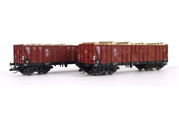 Set dvou otevřených vozů OOmu, DR, ložené dřevěnou kulatinou, IV. epocha, TT, model Galerie Tillig 2026, Tillig 502460