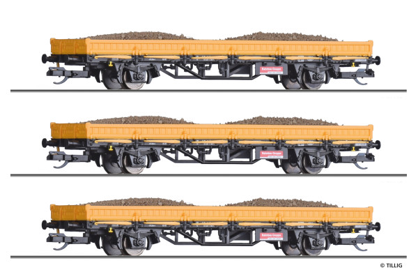 Set tří nízkostěnných vozů Ks do pracovního vlaku, s nákladem, DB AG, VI. epocha, TT, Tillig TT Club 2025, Tillig 502708