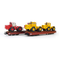 Set dvou nízkostěnných vozů Samms 4860, DR, se sklopenými bočnicemi, ložené traktory Kirovets K 700, IV. epocha, H0, NPE 22401 Set dvou nízkostěnných vozů Samms 4860, DR, se sklopenými bočnicemi, ložené traktory Kirovets K 700, IV. epocha, H0, NPE 22401