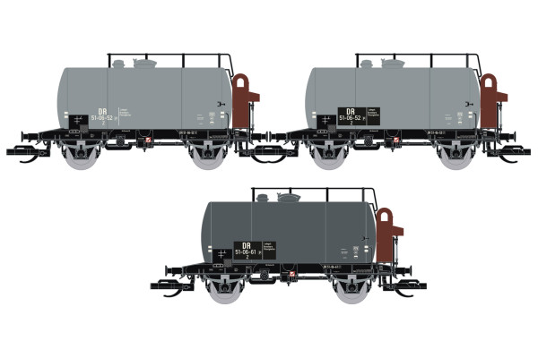 Set tří kotlových vozů typu Deutz s brzdařskou budkou, DR, šedé, III. epocha, nová provozní čísla, TT, Saxonia 120112-2