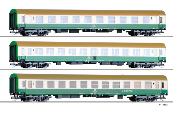 Set tří osobních vozů, DR, typ Halberstadt, IV. epocha, TT, Tillig 01124