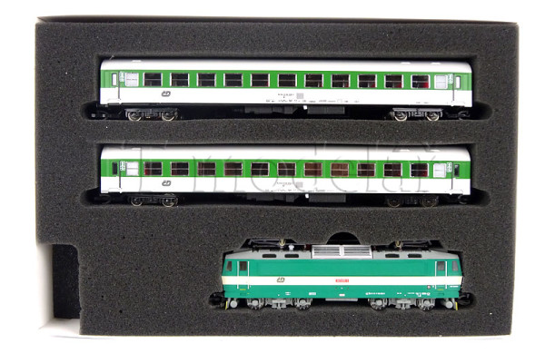 Set osobního vlaku s elektrickou lokomotivou 163 035 a dvou vozů Bt, ČD, V. epocha, TT, DOPRODEJ, MTB 163035+BtSet