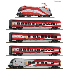 Set osobního vlaku Railjet, „175 Jahre Eisenbahnen in Österreich“, ÖBB, zvuková verze, VI. epocha, TT, Roco 6290096 Set osobního vlaku Railjet, „175 Jahre Eisenbahnen in Österreich“, ÖBB, zvuková verze, VI. epocha, TT, Roco 6290096
