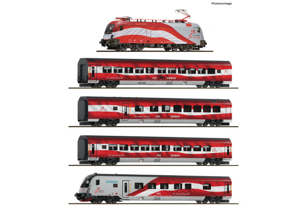 Set osobního vlaku Railjet, „175 Jahre Eisenbahnen in Österreich“, ÖBB, analogová verze, VI. epocha, TT, Roco 6280096 Set osobního vlaku Railjet, „175 Jahre Eisenbahnen in Österreich“, ÖBB, analogová verze, VI. epocha, TT, Roco 6280096