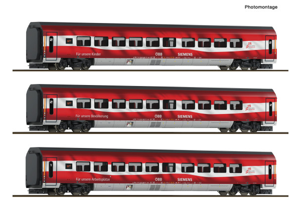 Set tří vozů Railjet, „175 Jahre Eisenbahnen in Österreich“, ÖBB, analogová verze, VI. epocha, TT, Roco 6280097 Set tří vozů Railjet, „175 Jahre Eisenbahnen in Österreich“, ÖBB, analogová verze, VI. epocha, TT, Roco 6280097