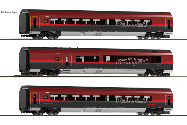 Set tří vozů jednotky RailJet, ÖBB, VI. epocha, s vnitřním osvětlením, TT, Saxonia Modellbau 120302