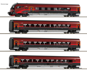 Set čtyř vozů jednotky RailJet, ÖBB, VI. epocha, s vnitřním osvětlením, TT, Saxonia Modellbau 120303