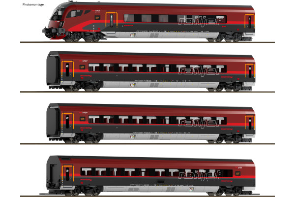 Set čtyř vozů jednotky RailJet, ÖBB, VI. epocha, s vnitřním osvětlením, TT, Saxonia Modellbau 120303