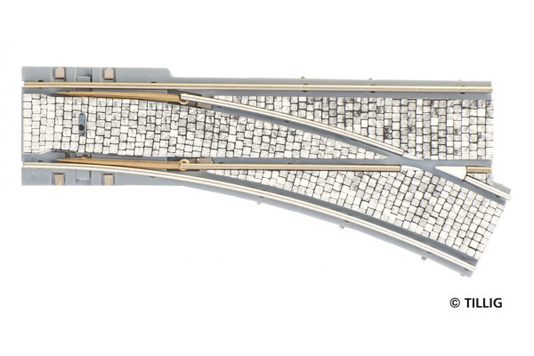 Výhybka jednoduchá pravá s dlažbou, R 250 mm, 25°, tramvajové kolejivo Luna, H0, Tillig 87588