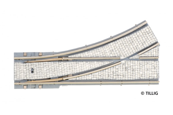 Výhybka jednoduchá levá s dlažbou, R 204 mm, 25°, tramvajové kolejivo Luna, TT/H0m, Tillig 87093