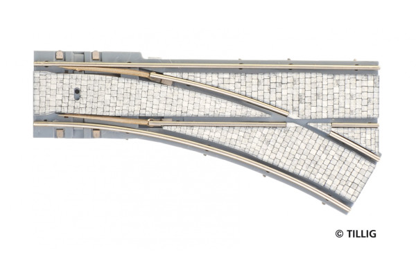 Výhybka jednoduchá pravá s dlažbou, R 204 mm, 25°, tramvajové kolejivo Luna, TT/H0m, Tillig 87098