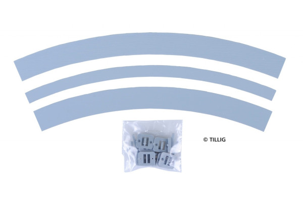 Povrch komunikace s asfaltem/betonem, oblouk, R 250 mm, 45°, 3 kusy, tramvajové kolejivo Luna, TT/H0m, Tillig 87347