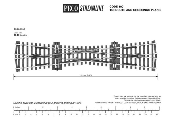 Křižovatková výhybka jednostranná, délka 249 mm, 12˚, H0, Peco SL-80