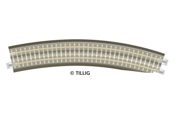 Oblouková kolej s podložím BR 11-32kre, se zkosením pro výhybku, pravá, R 396 mm/30 st., hnědé pražce, TT, Tillig 83783