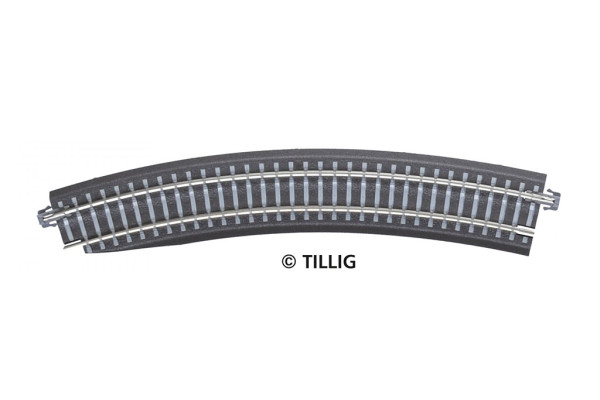 Oblouková kolej s podložím BR 11-32kli, se zkosením pro výhybku, levá, R 396 mm/30 st., šedé pražce, TT, Tillig 83774