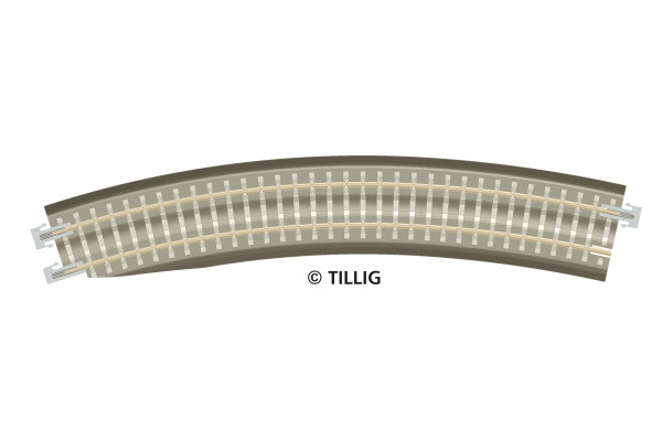 Oblouková kolej s podložím BR 11-32kli, se zkosením pro výhybku, levá, R 396 mm/30 st., hnědé pražce, TT, Tillig 83784