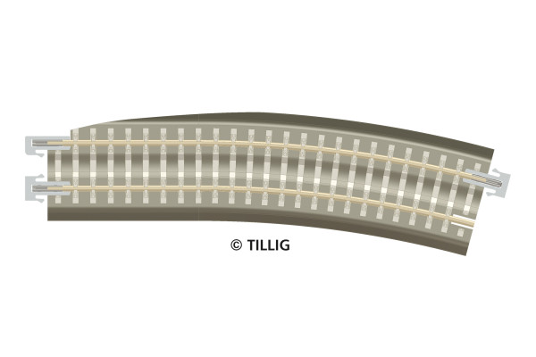 Oblouková kolej s podložím BG3-BR12kre, se zkosením pro výhybku, pravá, R 353 mm/15 st., šedé pražce, TT, Tillig 83775