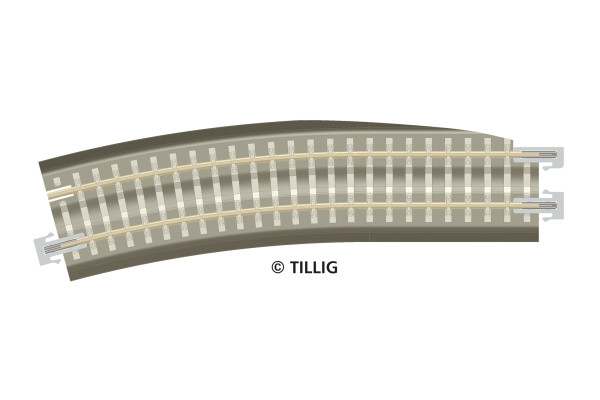 Oblouková kolej s podložím BG3-BR12kli, se zkosením pro výhybku, pravá, R 353 mm/15 st., hnědé pražce, TT, Tillig 83786