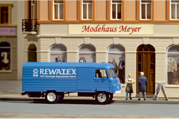 Stavebnice automobilu Robur LD3000 Kastenwagen REWATEX, modrý, jednorázová série, TT, DOPRODEJ, Auhagen 66049