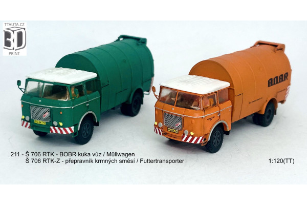 Stavebnice, Škoda 706 RTK BOBR – popelářský vůz / RTK-Z – přepravník krmiv, detailní kabina 2. generace, TT, Štěpnička 211c