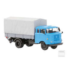 IFA W50L, prodloužená kabina, dřevěná korba, plachta a zadní nakládací plošina, světle modrá, TT, Haedl 121047-03