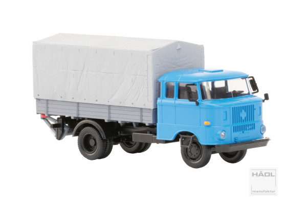 IFA W50L, prodloužená kabina, dřevěná korba, plachta a zadní nakládací plošina, světle modrá, TT, Haedl 121047-03