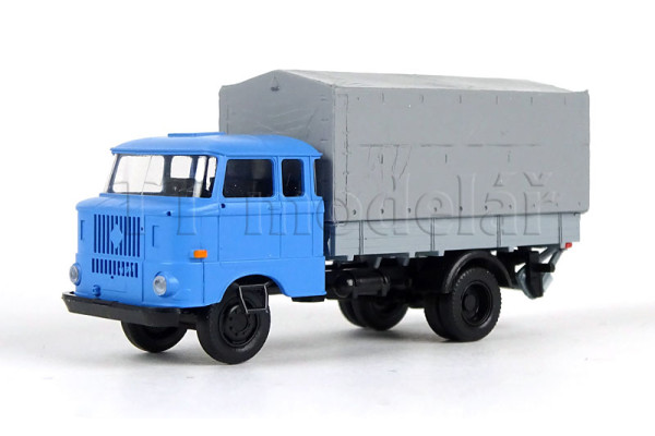 IFA W50L, prodloužená kabina, dřevěná korba, plachta a zadní nakládací plošina, světle modrá, TT, Haedl 121047-03