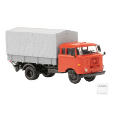 IFA W50L, prodloužená kabina, dřevěná korba, plachta a zadní nakládací plošina, červená, TT, Haedl 121047-11