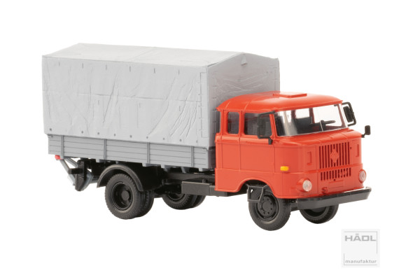 IFA W50L, prodloužená kabina, dřevěná korba, plachta a zadní nakládací plošina, červená, TT, Haedl 121047-11
