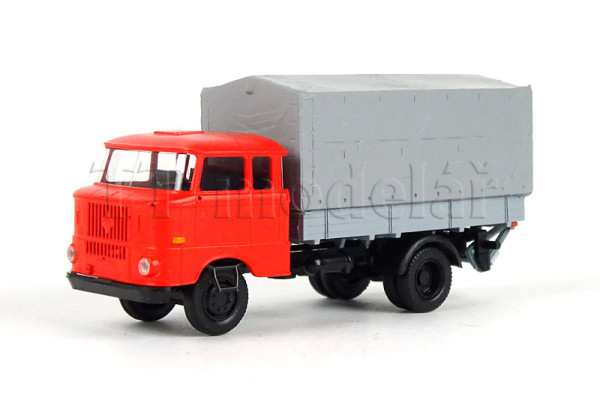 IFA W50L, prodloužená kabina, dřevěná korba, plachta a zadní nakládací plošina, červená, TT, Haedl 121047-11