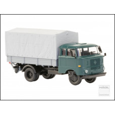 IFA W50L, prodloužená kabina, dřevěná korba, plachta a zadní nakládací plošina, modrozelená, TT, Haedl 121047-12