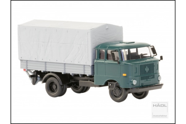 IFA W50L, prodloužená kabina, dřevěná korba, plachta a zadní nakládací plošina, modrozelená, TT, Haedl 121047-12