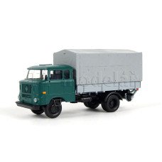 IFA W50L, prodloužená kabina, dřevěná korba, plachta a zadní nakládací plošina, modrozelená, TT, Haedl 121047-12