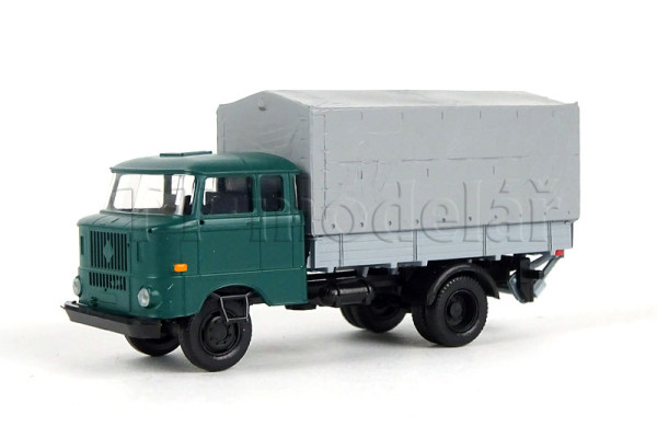 IFA W50L, prodloužená kabina, dřevěná korba, plachta a zadní nakládací plošina, modrozelená, TT, Haedl 121047-12
