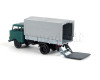IFA W50L, prodloužená kabina, dřevěná korba, plachta a zadní nakládací plošina, modrozelená, TT, Haedl 121047-12