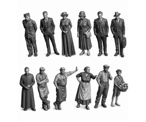 Set figurek z 1. poloviny 20. století, 12 kusů, nebarvené, TT, Pojezdy 12F510