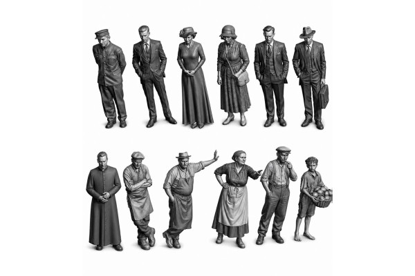 Set figurek z 1. poloviny 20. století, 12 kusů, nebarvené, TT, Pojezdy 12F510